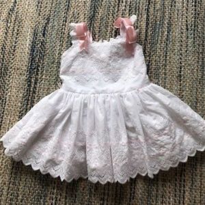 Vintage White Pink Ribbon Eyelet Pinafore Dress 1